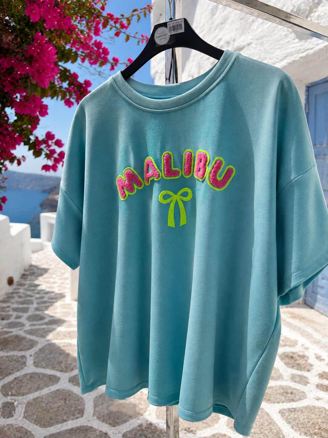 Women's Malibu Sweatshirt Turquoise - Short Sleeve Cotton Shirt with Neon Print | Summer Shirt 38–42 🌴💙☀️