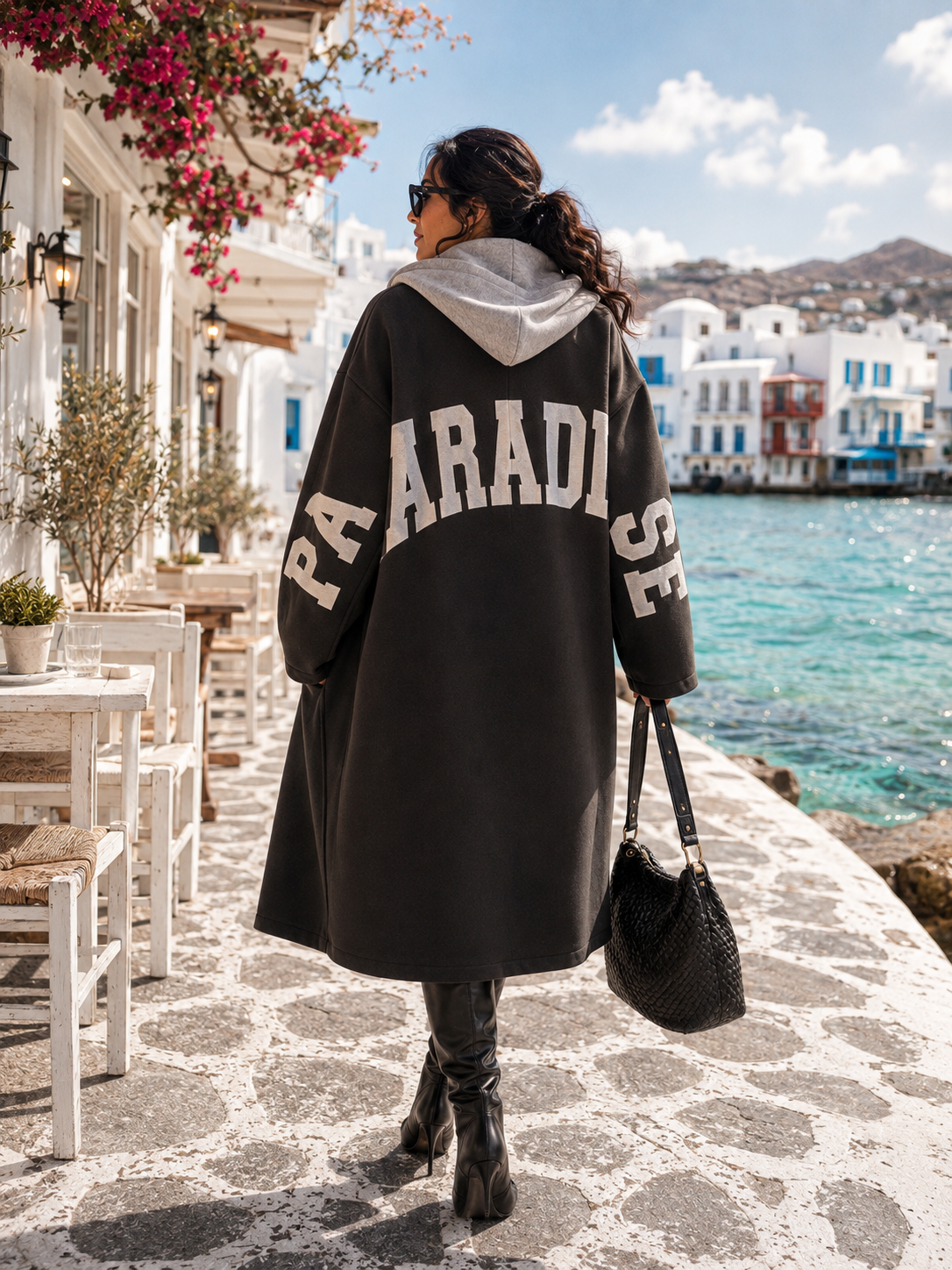 Damen Longjacke mit Kapuze & PARADISE Print – Braun/Anthrazit – 38–42+