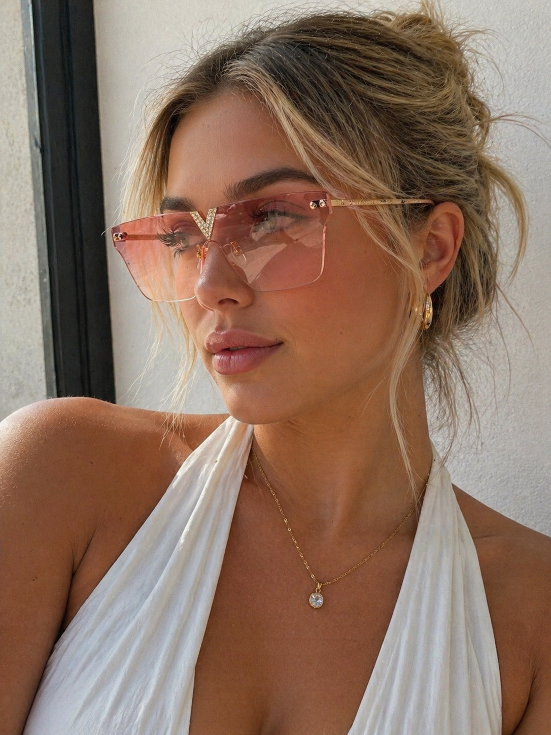 Oversize Damen Sonnenbrille Rosé-Gold – UV400 Schutz – Strass V Design Trend 2026