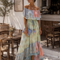 Boho Maxikleid Damen (38–42) – Schulterfrei tragbar, Pastell Hellblau Rosa Gold | Sommerkleid aus Viskose, luftig & elegant