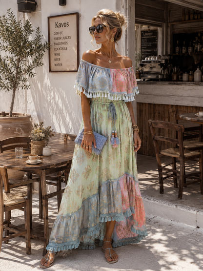 Boho Maxikleid Damen (38–42) – Schulterfrei tragbar, Pastell Hellblau Rosa Gold | Sommerkleid aus Viskose, luftig & elegant