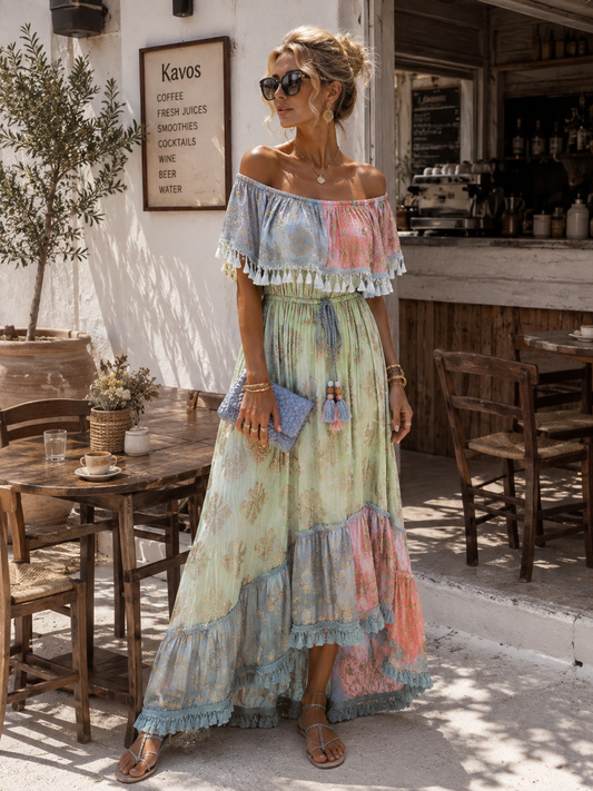Boho Maxi Dress for Women (38–42) – Can be Worn Off-the-Shoulder, Pastel Light Blue Pink Gold | Viscose Summer Dress, Airy & Elegant