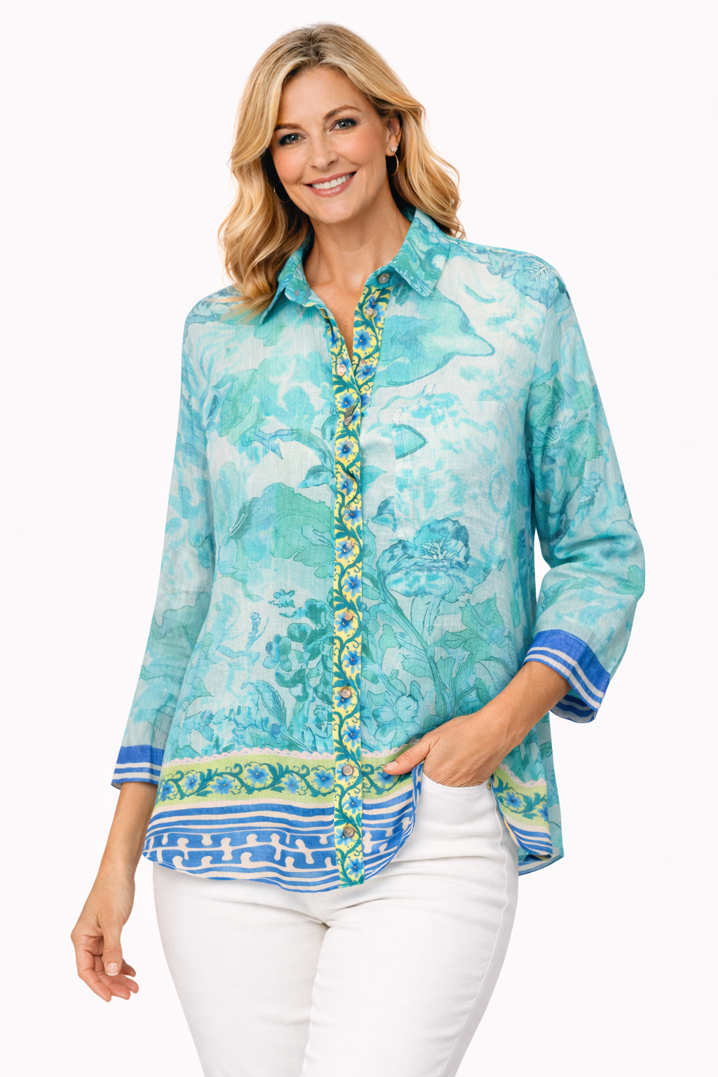 Yippie Hippie Damenbluse Grün Türkis – Leichte Viskose Bluse mit floralem Print