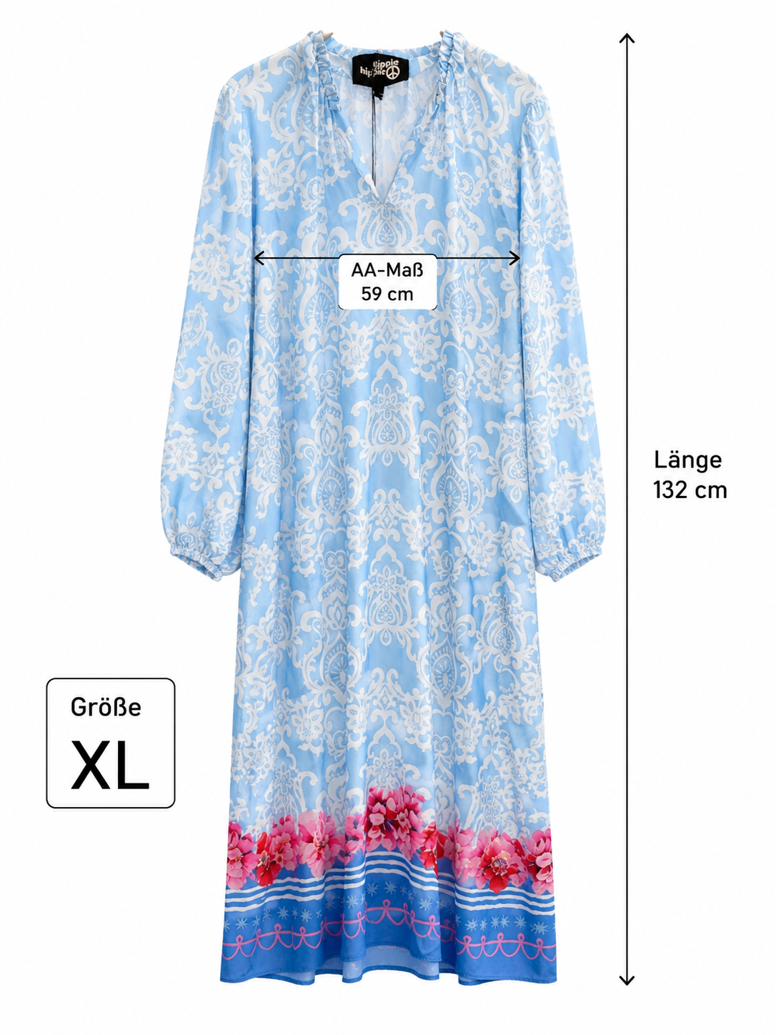 Yippie Hippie Maxikleid Blue Santorini Dream | Langarm, Rüschenkragen, Seitentaschen & Maxi-Länge 💙🌸✨