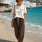 Leo Palazzo Pants with Green Side Stripes – Viscose Leopard Print Pants | Wearable sizes 38–42+