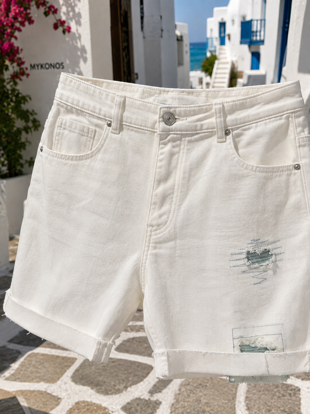 S.Woman Damen Jeans Shorts Weiß mit Destroyed Details – Baumwolle Stretch XL