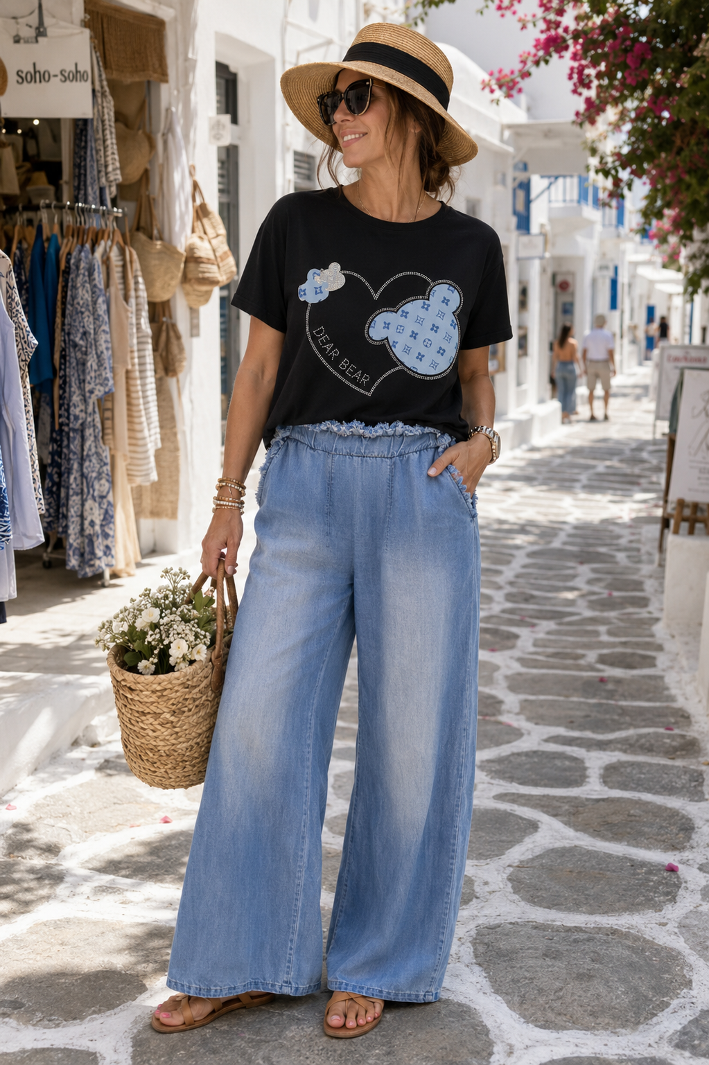 Lyocell Damenhose Jeanslook – Weite Sommerhose mit Gummibund in Mittelblau | 38–42
