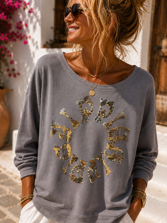 Yippie Hippie Pailletten Sweatshirt Grau – Glamour Pullover mit Gold & Silber Glitzer | Damen Sweatshirt Premium Look