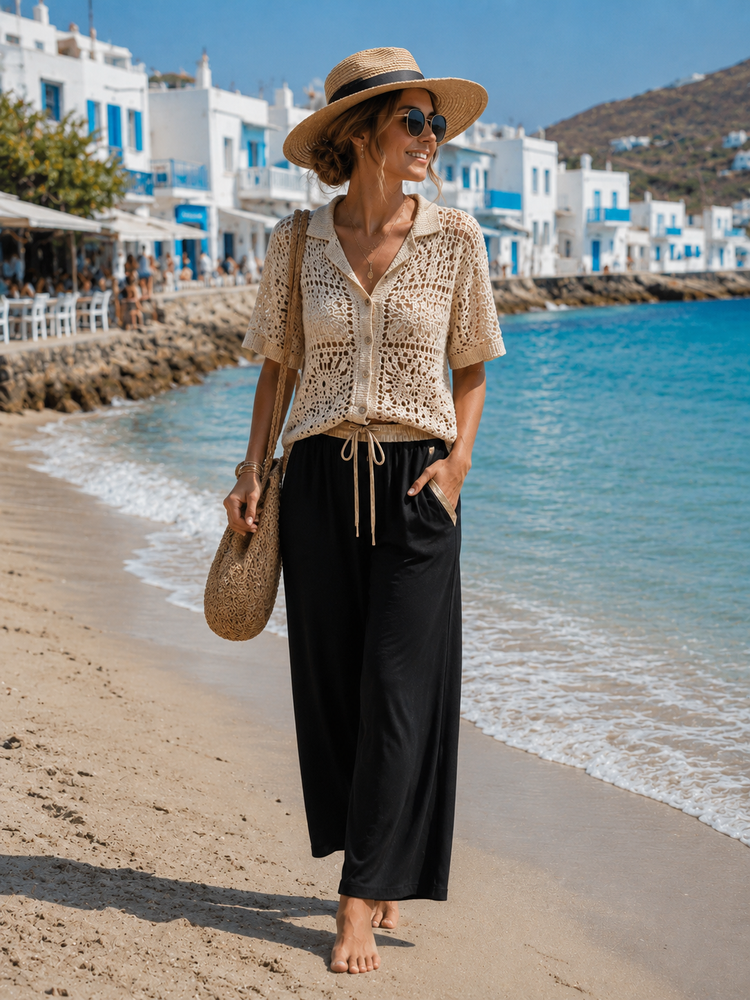 Palazzo Hose Schwarz Gold – 100% Viskose | Weite Sommerhose mit Gold-Details | 38–42