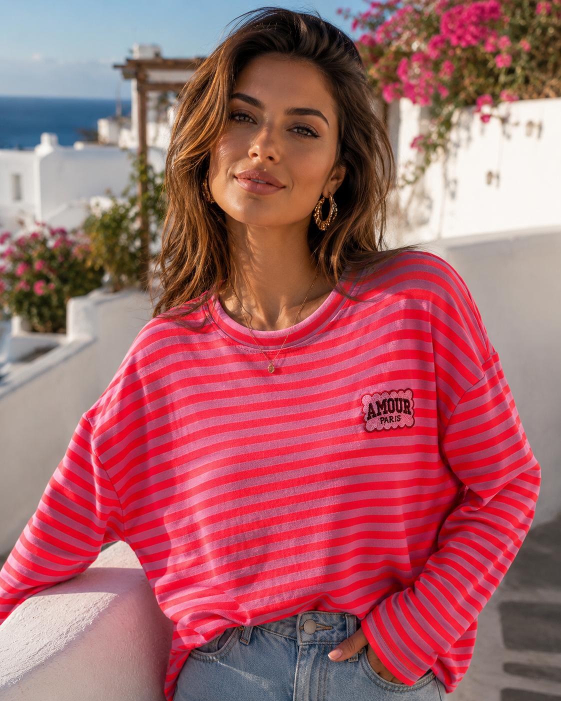 Striped Women's Cotton Sweatshirt – Orange, Purple & Pink | Size 38–42