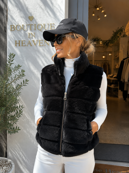 Damen Kunstfellweste Schwarz mit Reißverschluss & Taschen Gr. 38–42