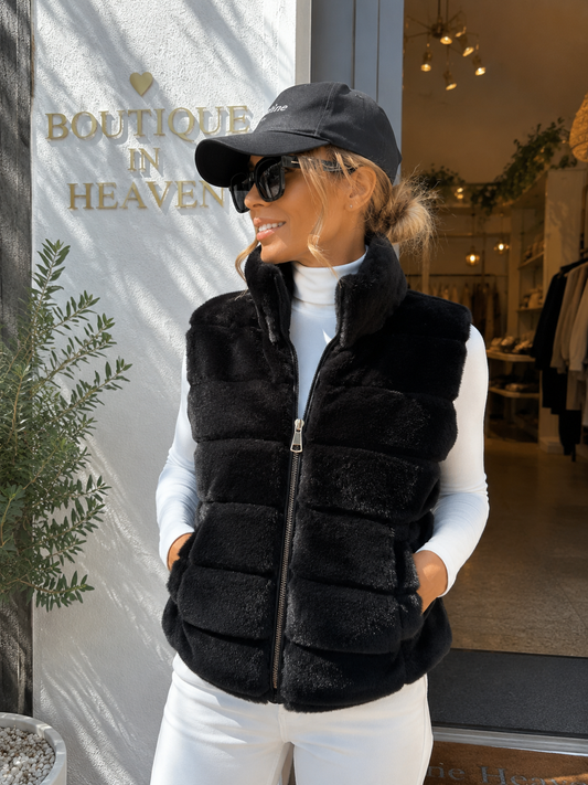 Damen Kunstfellweste Schwarz mit Reißverschluss & Taschen Gr. 38–42