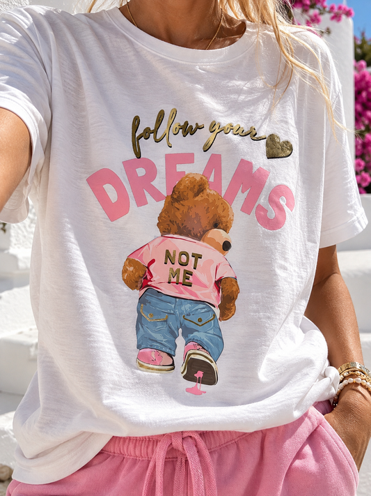 Damen T-Shirt Weiß mit Teddy Print – Follow Your Dreams – Baumwolle mit Elasthan – Gr. 38–42