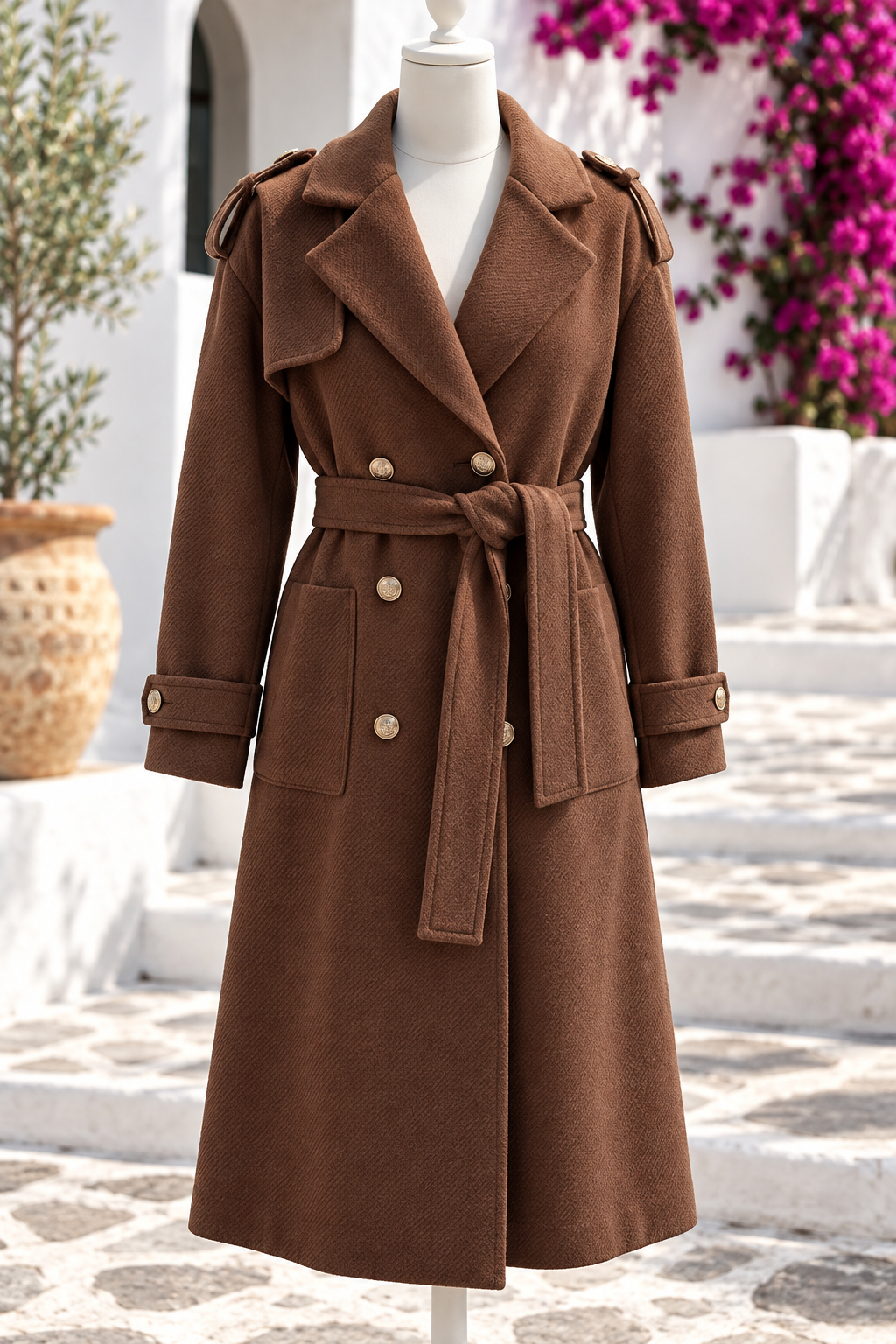 Damen Trenchcoat mit Bindegürtel und goldfarbenen Knöpfen – Schwarz oder Dunkelbraun – Größe 38–42