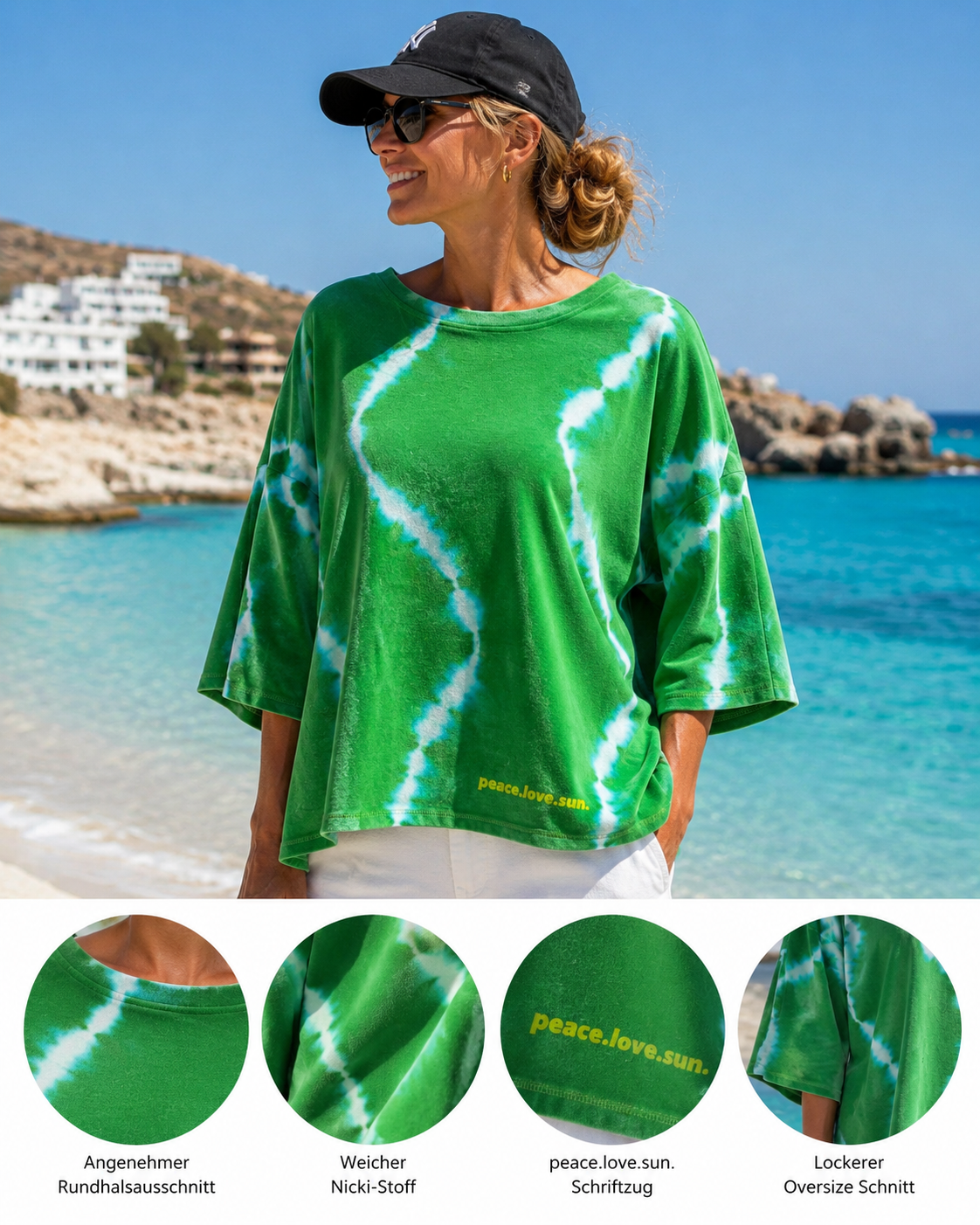 Yippie Hippie Damen Oversize T-Shirt Grün – Lässige Kastenform mit Allover-Print