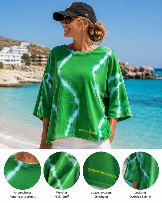 Yippie Hippie Damen Oversize T-Shirt Grün – Lässige Kastenform mit Allover-Print