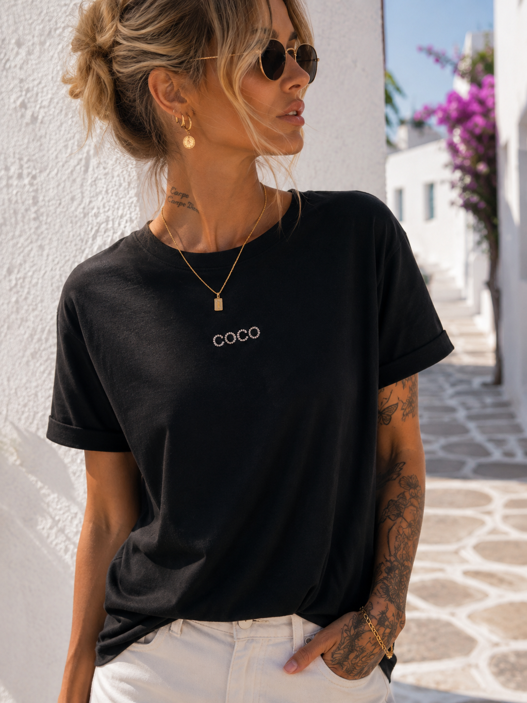 COCO Glam T-Shirt Schwarz – Funkelnder Strass-Schriftzug | Premium Baumwolle | 38–42