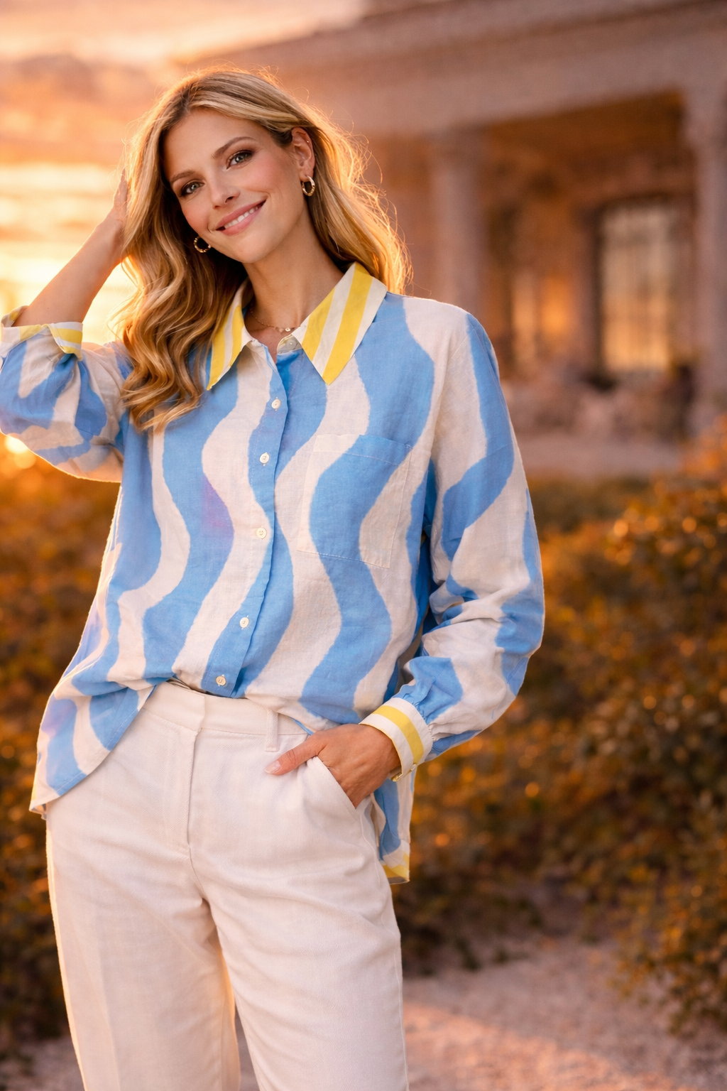 Yippie Hippie Damen Langarmbluse Blau-Weiß mit Wellenmuster & Ciao Bella Print – Baumwolle