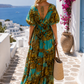 Women's Silk Maxi Dress Blue-Gold – Boho Dress with V-Neck & Lacing | (US 8-12)