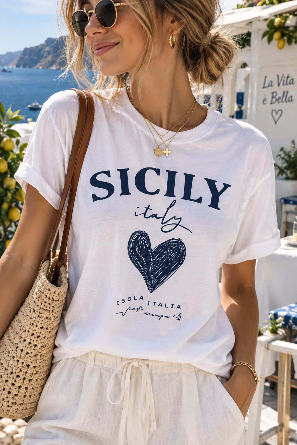 💙 Sicily Love Shirt – Italienisches Baumwollshirt mit Herzprint | 38–42 💙