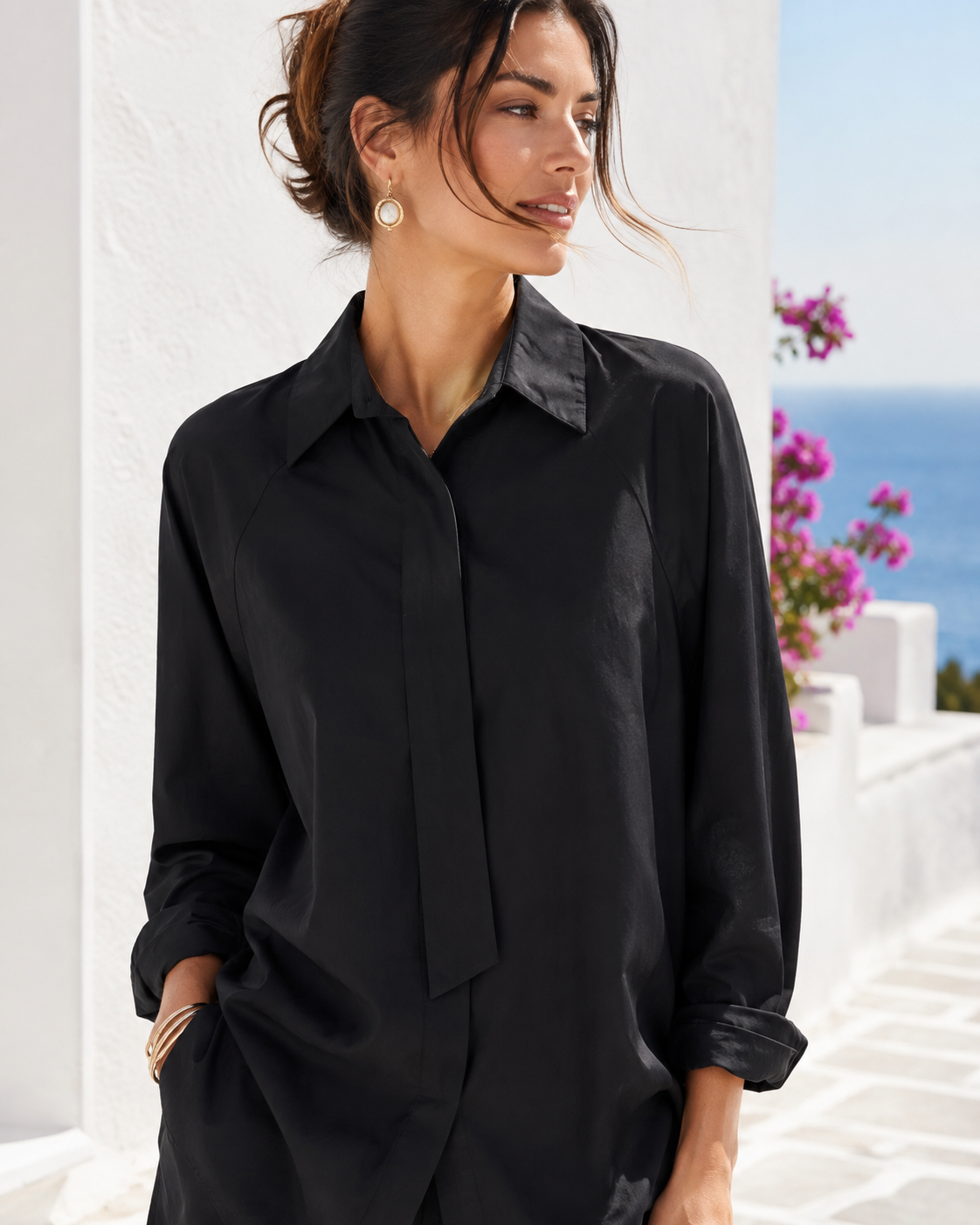 Damen Hemdbluse Schwarz mit Schlips-Detail – Baumwolle – Gr. 38–42