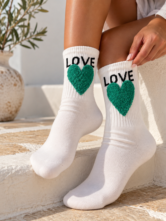 Damen Socken LOVE mit Herz – Weiß Pink & Grün – Größe 38–41
