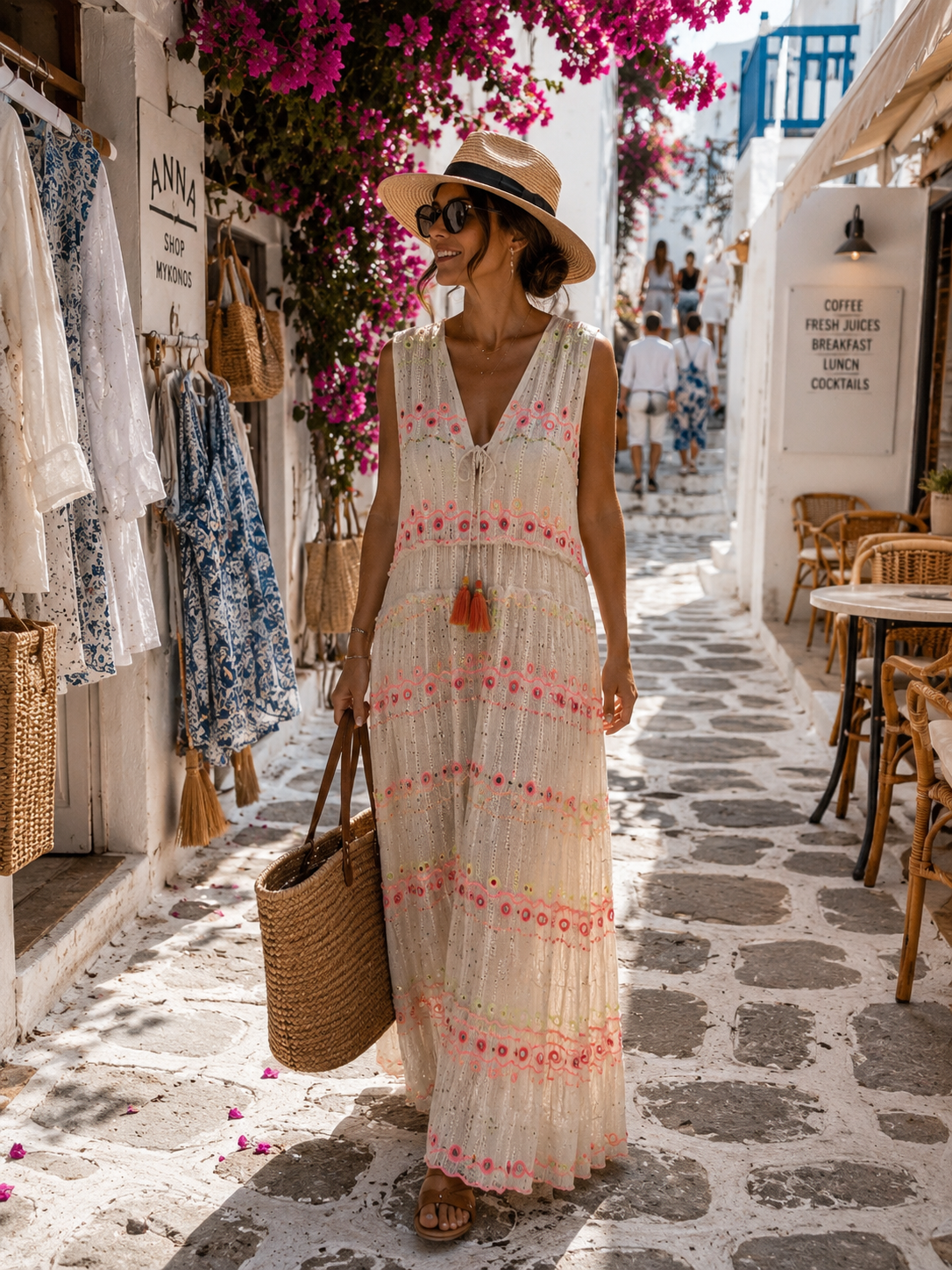 Boho Maxikleid Damen Beige – Sommerkleid mit Stickerei (Gr. 38–42)