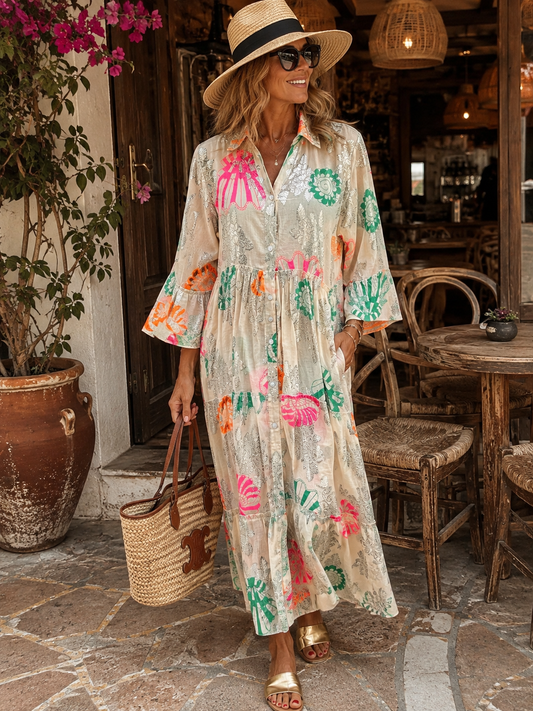 Women's Boho Dress Beige – Cotton Dress with Collar & Button Placket | Summer Dress 38–42