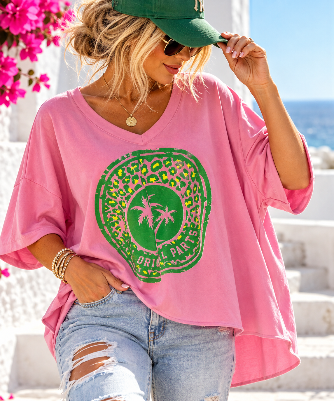Damen Oversize T-Shirt Baumwollmix mit Neonprint – vorne kurz, hinten lang – Pink, Schwarz, Weiß – ideal 42–44