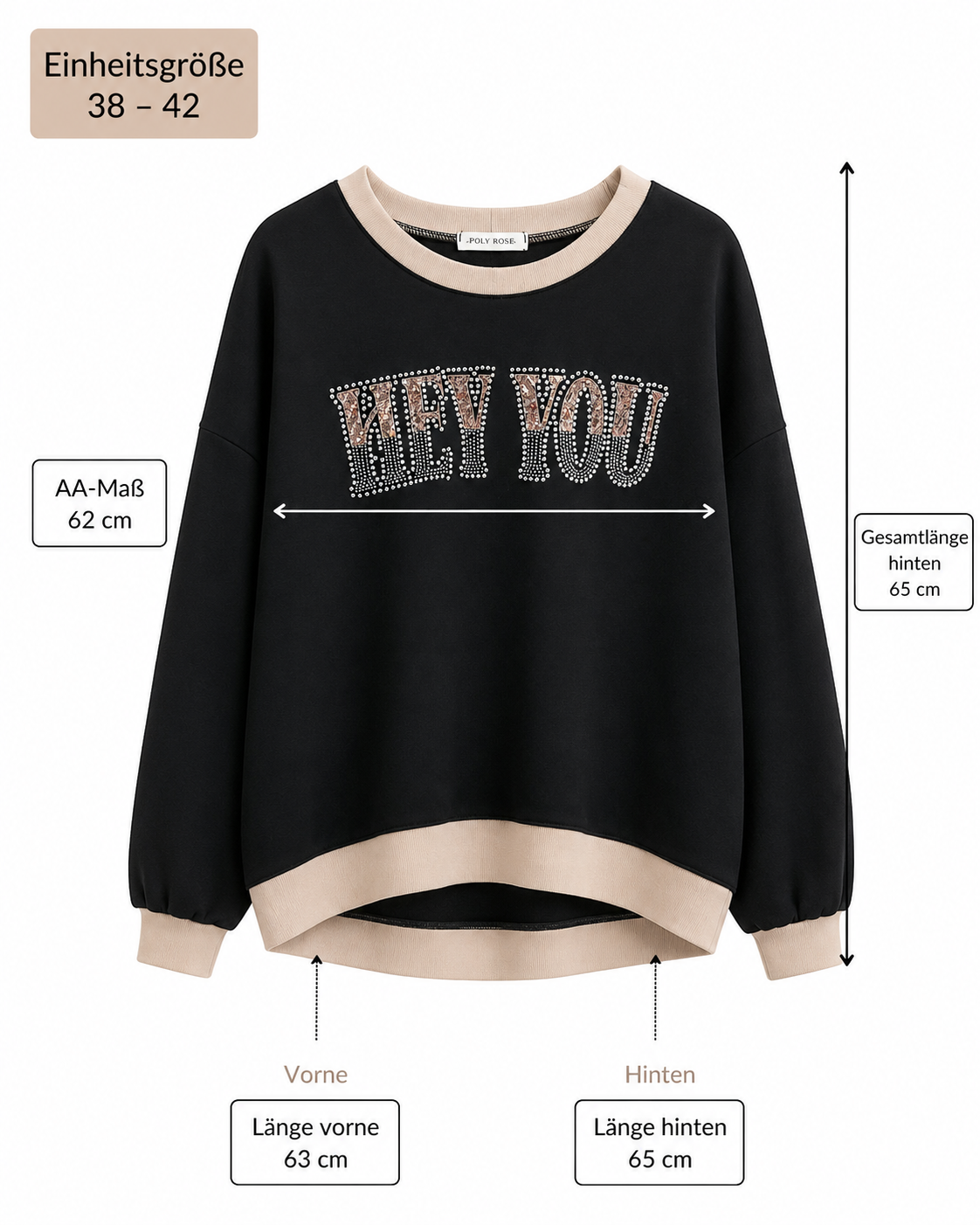 Leichter Damen Sweater aus Viskose – Oversize Pullover mit Glitzer-Schriftzug HEY YOU (38-42)