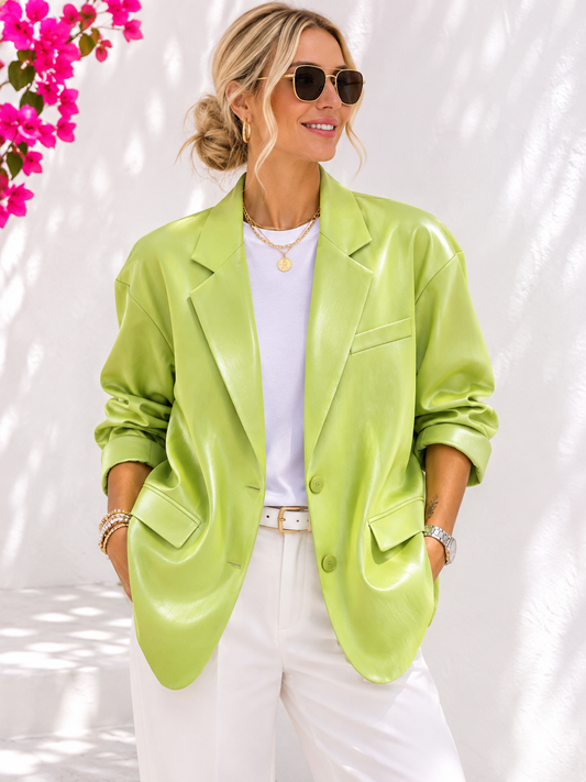 Damen Oversize-Blazer Limettengrün Metallic – Größe S, fällt groß aus, etwa 40–42