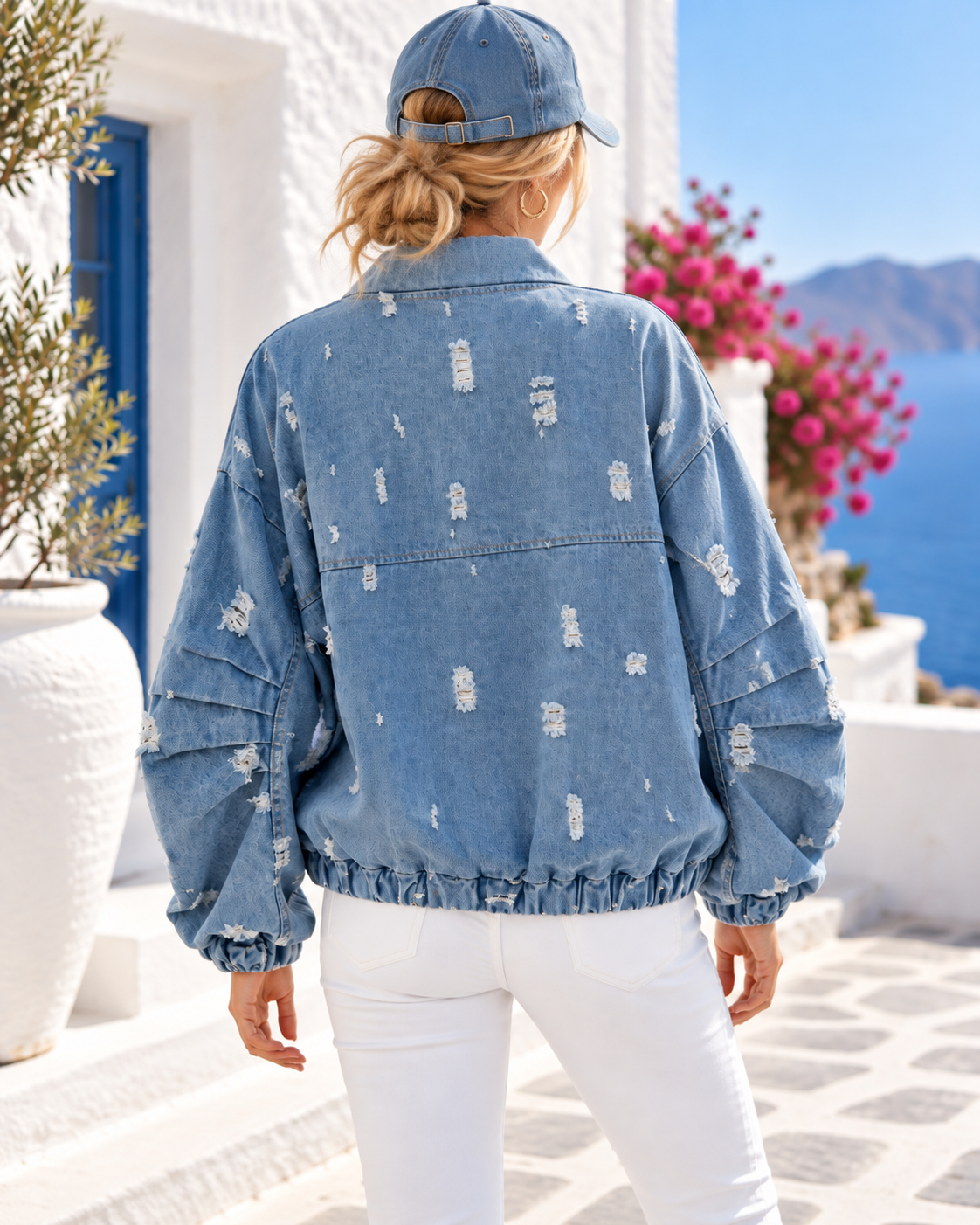 Damen Oversize Jeansjacke Blau mit Cut-Outs und Reißverschluss – 100 % Baumwolle – Größe 38–42