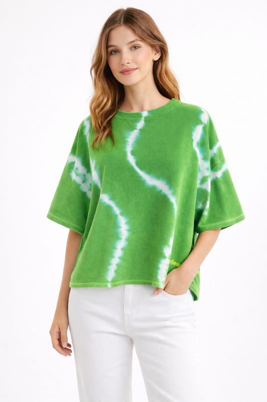Yippie Hippie Damen Oversize T-Shirt Grün – Lässige Kastenform mit Allover-Print