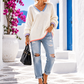 Damen Oversize Pullover Offwhite – V-Ausschnitt mit Herzdetails und Kontrastbündchen – Gr. 38–48