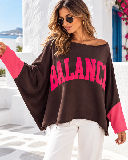 Damen Oversize-Pullover BALANCE Schokolade/Neonpink oder Oliv/Neongelb – Baumwollmix, Größe 42–46