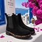 Schwarze Chelsea Boots in Wildlederoptik mit Leo-Detail