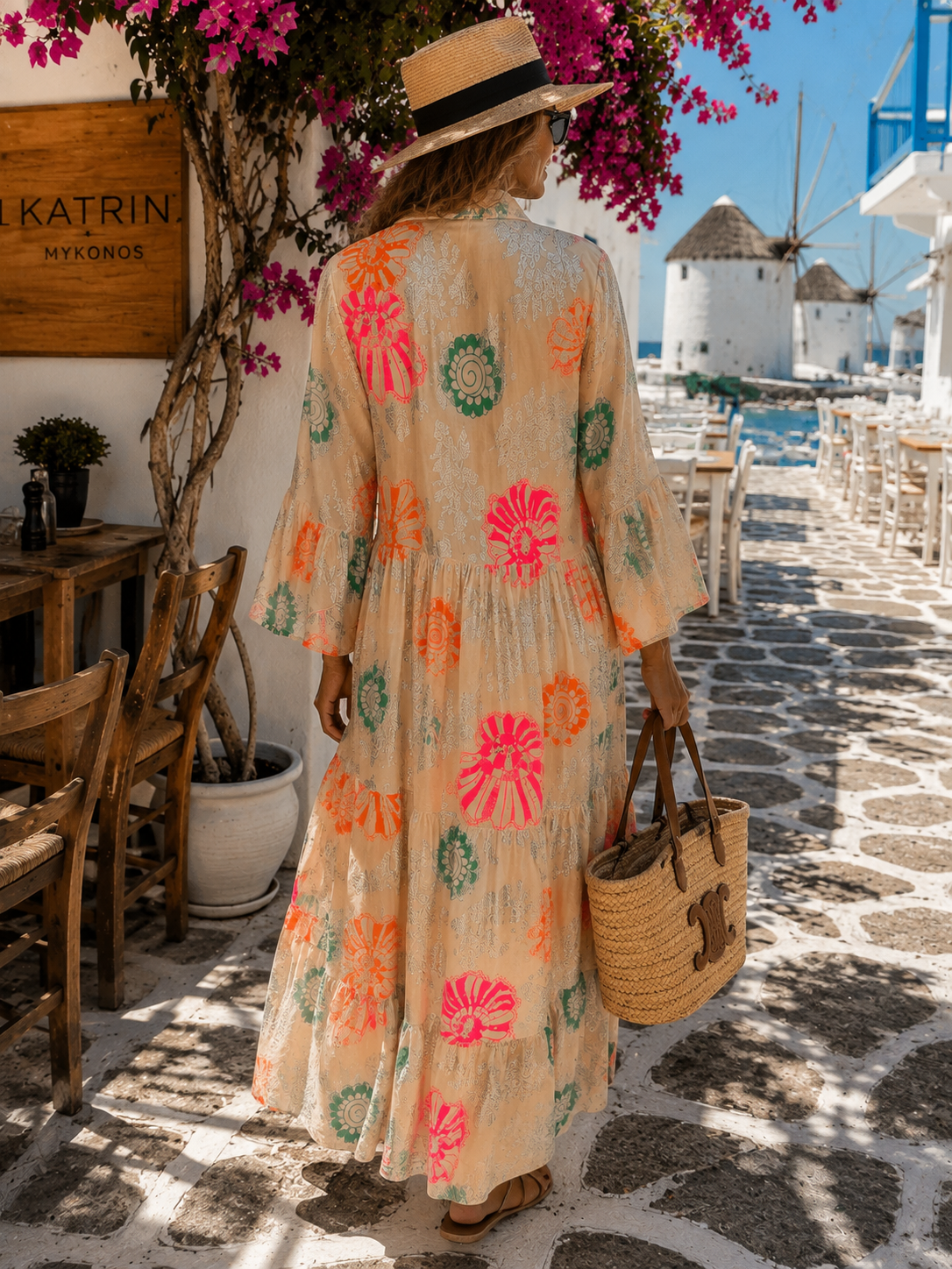Women's Boho Dress Beige – Cotton Dress with Collar & Button Placket | Summer Dress 38–42