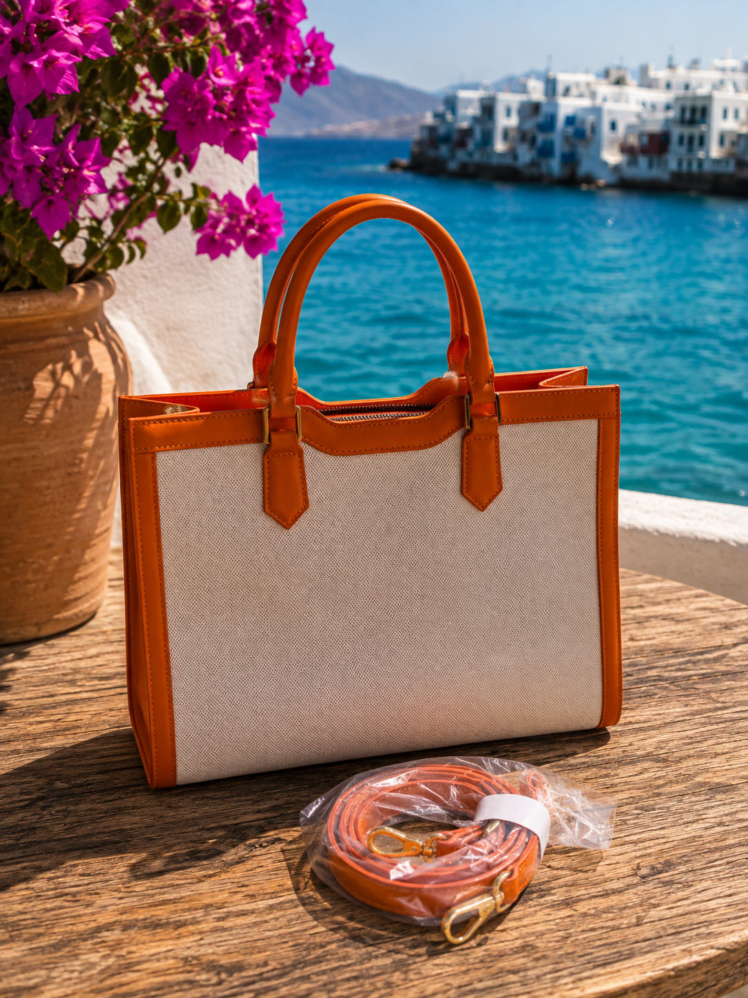 Statement Shopper Damen Orange – Canvas & Lederoptik Handtasche | 30x27 cm