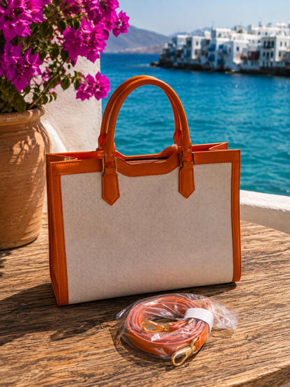 Statement Shopper Damen Orange – Canvas & Lederoptik Handtasche | 30x27 cm