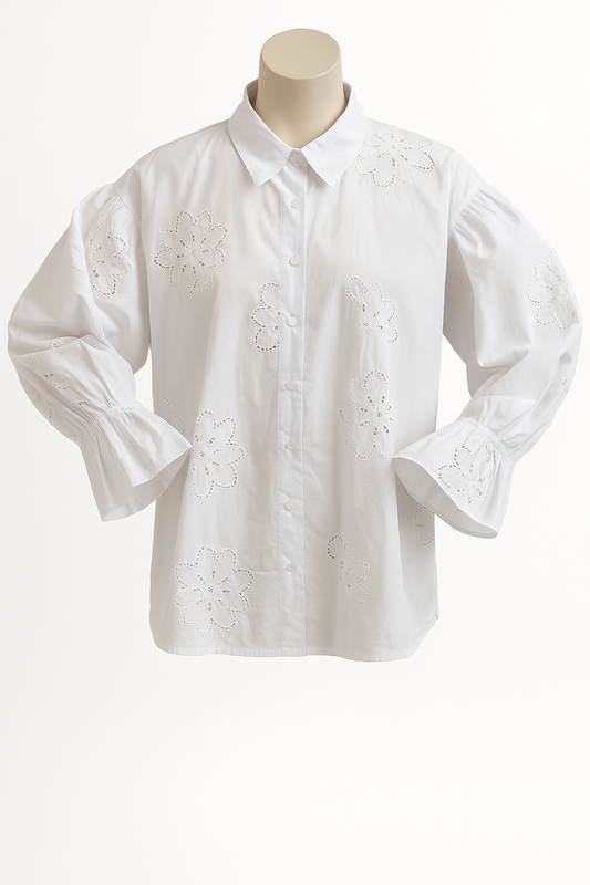 Weiße Oversize-Baumwollbluse mit Lochstickerei & Ballonärmeln – Größe 38–46