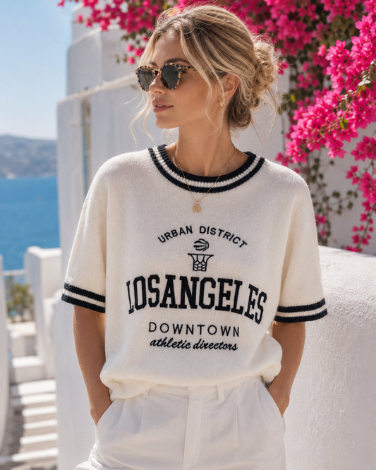 Los Angeles Women's Knit Shirt Cream | Short Sleeve Fine Knit Pullover with Viscose | Boutique in Heaven 36-40