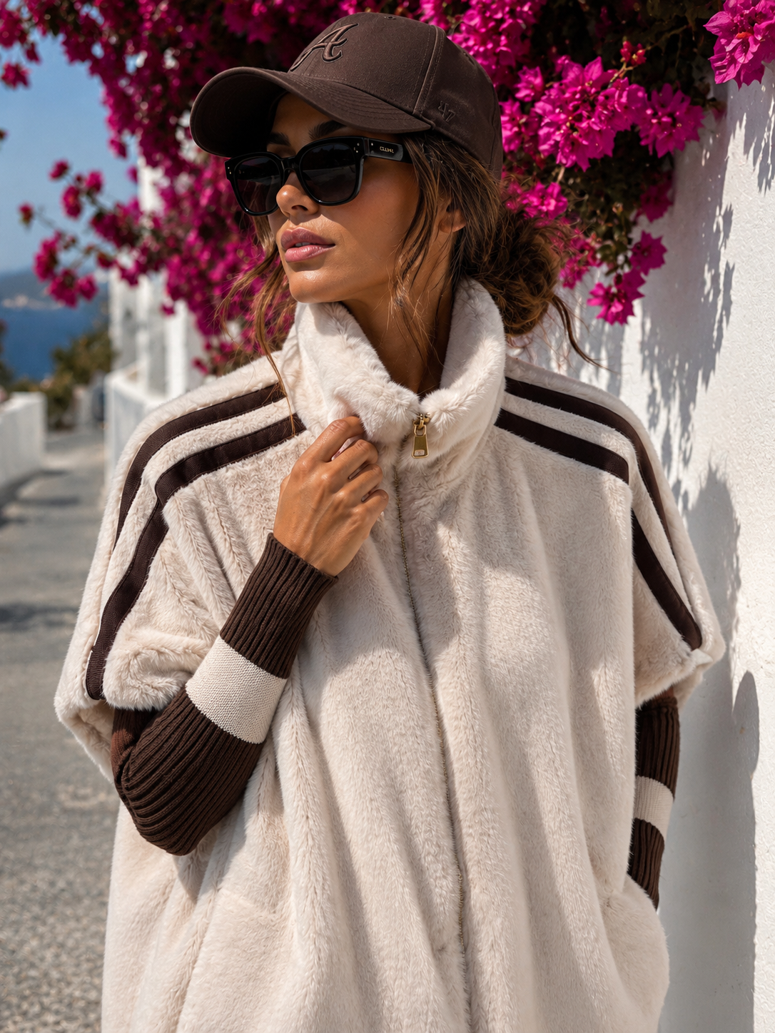 Kuschelige Teddyjacke Damen Beige – Oversize Jacke mit Reißverschluss & Strickärmeln 38–44