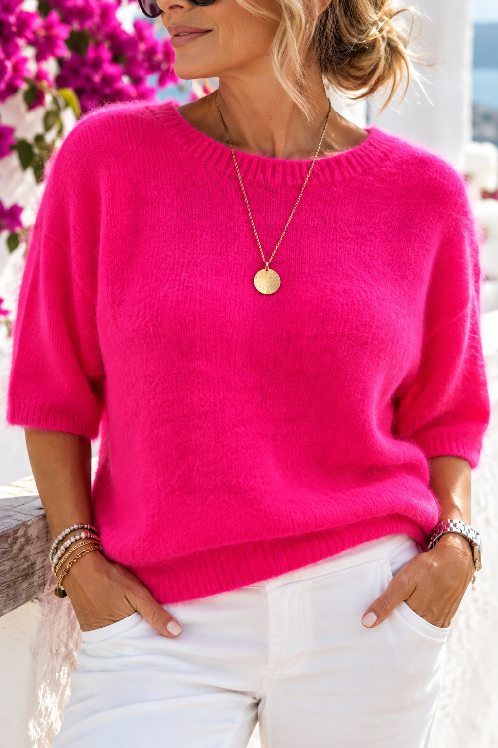 Damen Alpaka Kurzpullover Pink – Baby Suri Alpaka Mix – Kurzarm – Gr. 38–42