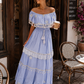 Women's Off-the-Shoulder Boho Maxi Dress (38–42) – Sky Blue Viscose Summer Dress