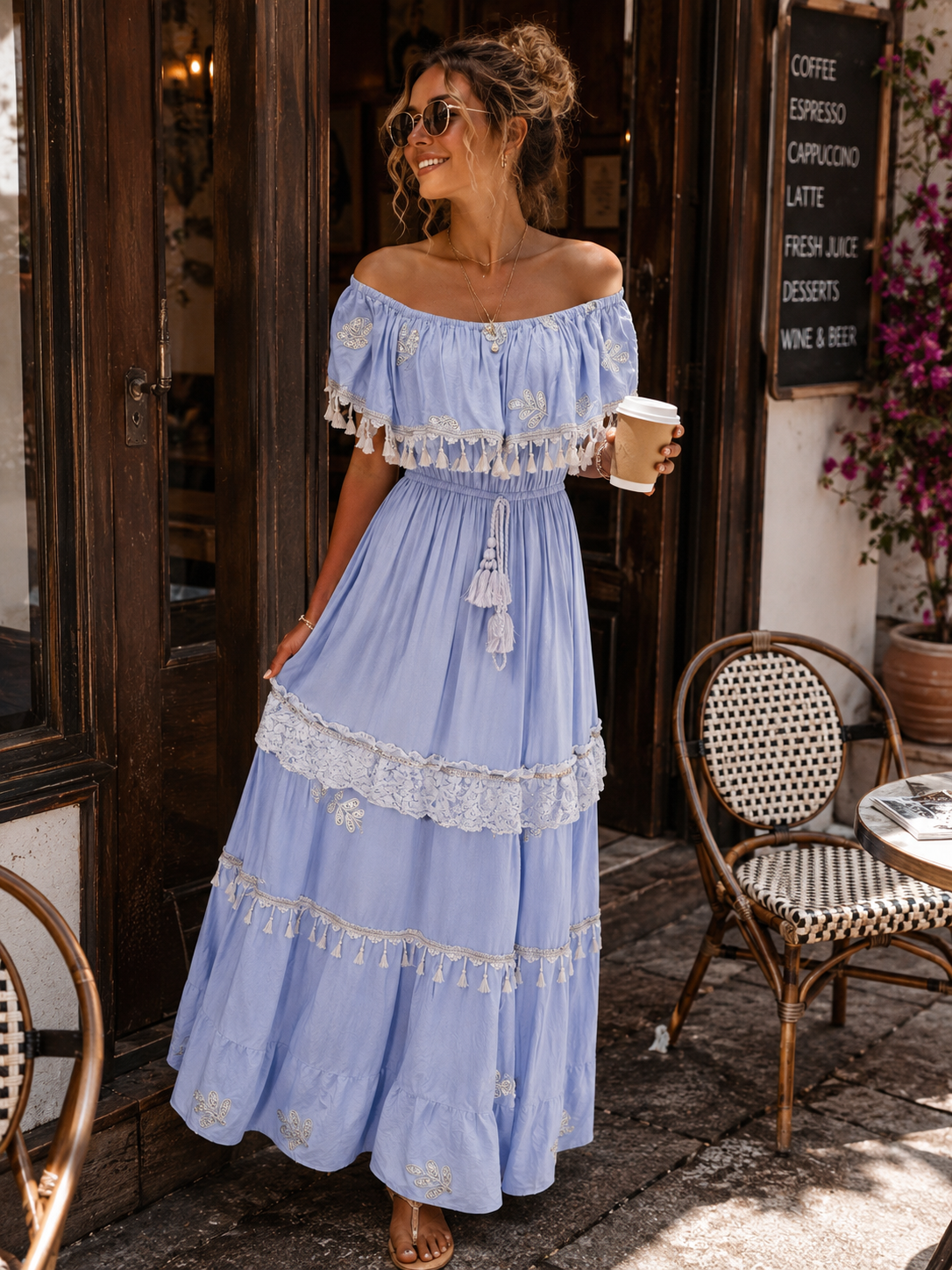 Women's Off-the-Shoulder Boho Maxi Dress (38–42) – Sky Blue Viscose Summer Dress