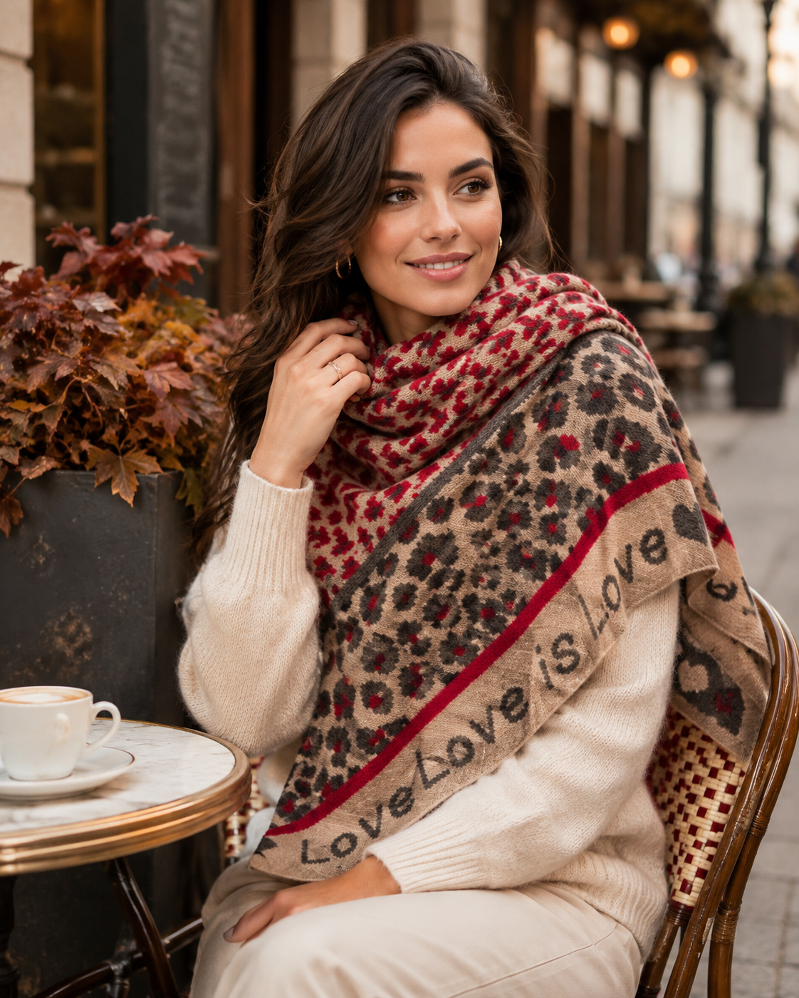 Damen Dreiecksschal Leo Beige mit Rot – Animal Print Schal mit Love-Detail