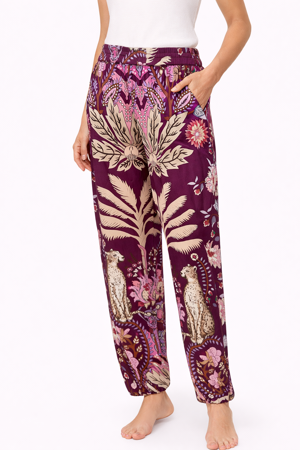 Yippie Hippie Viskose Damenhose – Boho Sommerhose mit Leo & Blattmuster