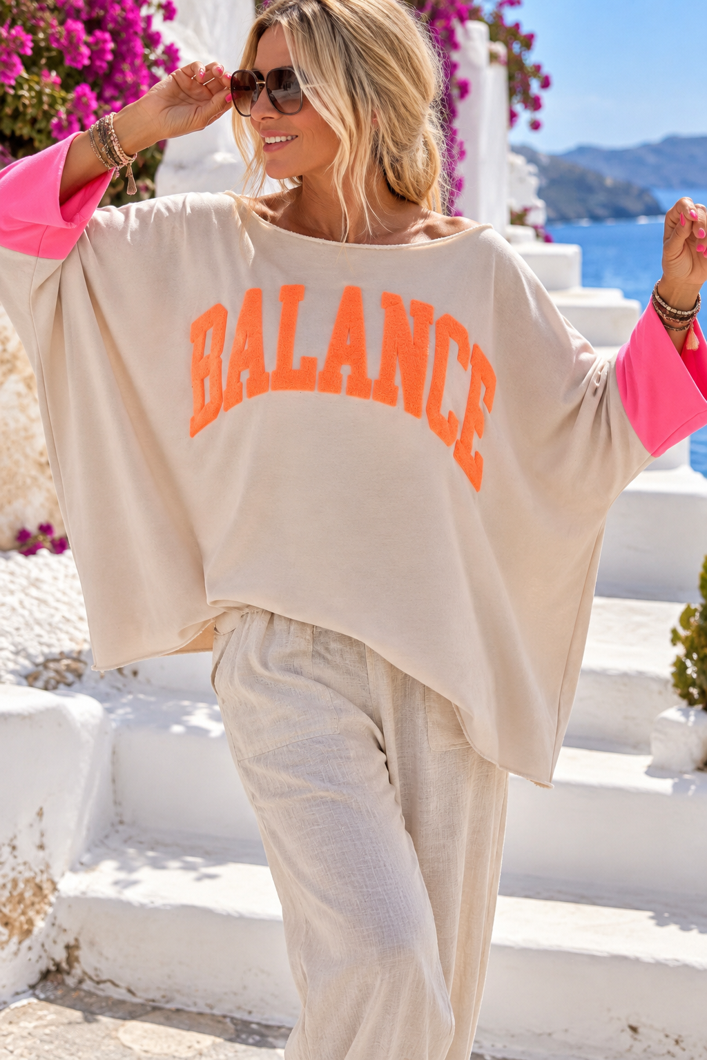Damen Oversize Pullover BALANCE Beige Pink Neon Orange – Baumwolle – 42 bis 50