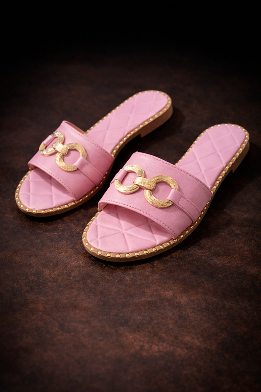 Roze damessandalen met gouden details – comfortabele zomerschoenen en slippers