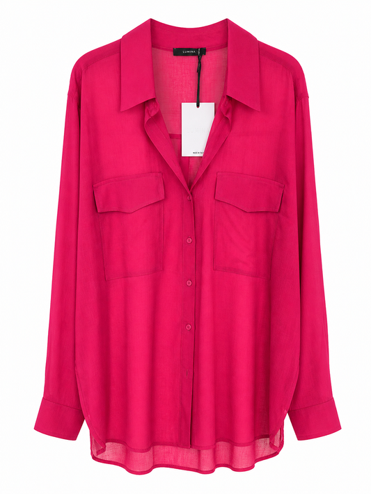 Damen Leinenbluse Fuchsia mit Hemdkragen – luftige Sommerbluse M/L | Lumina – Boutique in Heaven
